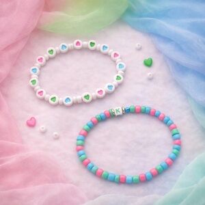 Polysexual Pride Bracelet Duo – Pink Green Blue Beaded Set with Heart Accent